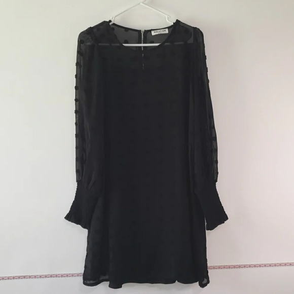 SOLUTION Swiss Dotted Black Sheer Overlay and Slip Dress Small Smocked Cuffs - Picture 1 of 16